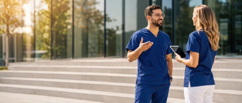 Two medical professionals in blue scrubs discussing work outdoors during a sunny day.