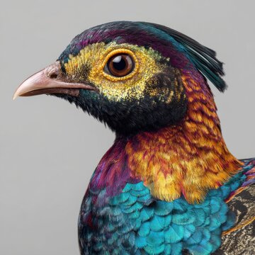A close-up, detailed portrait of a Himalayan Monal pheasant, showcasing its iridescent, vibrant plumage in shades of gold, teal, purple, and crimson, against a neutral backdrop.