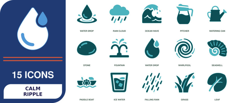 A professional collection of fifteen water themed vector graphics presented as a comprehensive icon set for modern digital design projects