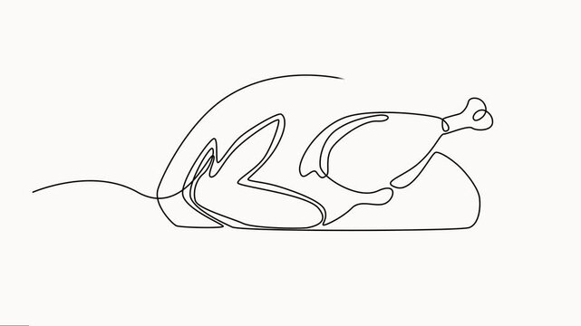 Self drawing animation of continuous drawing of a holiday turkey roast with one line animation. line art video illustration on white background.