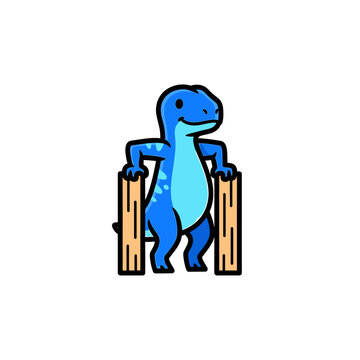 Blue cartoon dinosaur doing tricep dips on parallel bars.
