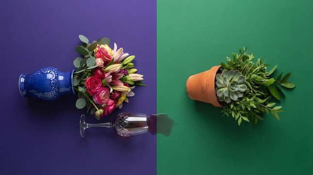 Colorful Flower Bouquet and Potted Green Plant on Split Background.