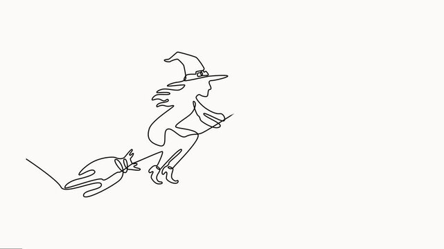 Self-drawing witch and witchcraft continuous one line drawing animation video isolated on white background, witch and witchcraft Halloween concepts vector, motion graphic.