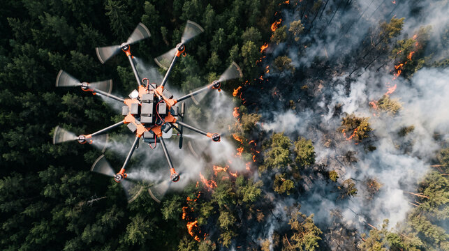 Aerial view of a firefighting drone spraying water over a burning forest wildfire
