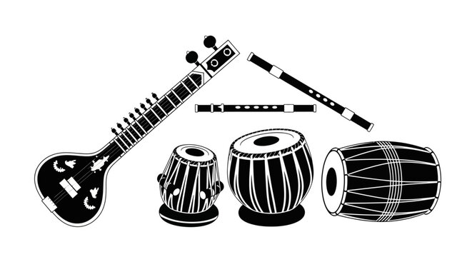 Traditional indian musical instruments with instruments including sitar sitar flutes drums collection traditional illustration percussion with culture