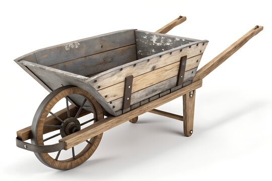 Old rustic wooden wheelbarrow isolated on a white background with garden cart