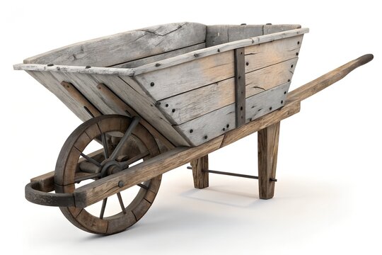 Vintage wooden wheelbarrow with metal reinforcements on a white background