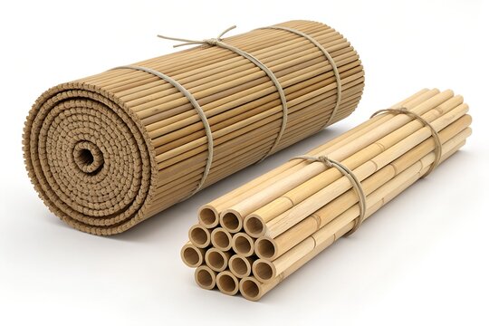 Rolled and bundled bamboo reed mats and hollow stems with bamboo reeds