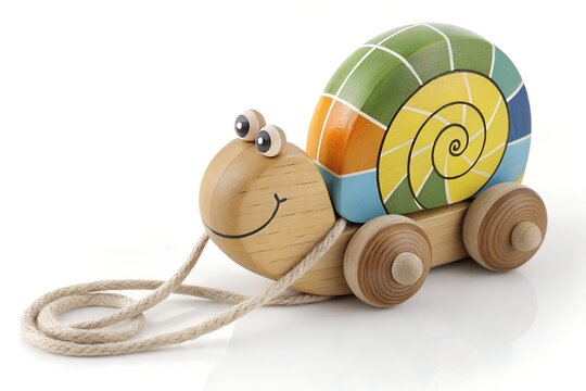 Pull along wooden snail toy with colorful shell and pull string