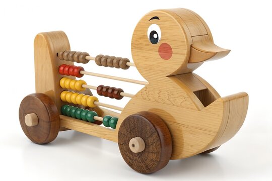 Vintage wooden duck pull toy with colorful abacus bead rows and wheels