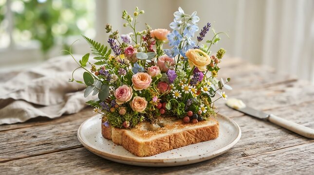 Colorful Fresh Flower Bouquet on Toasted Bread Plate.