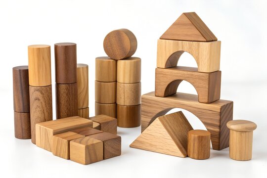Collection of wooden building blocks arranged neatly on a white background