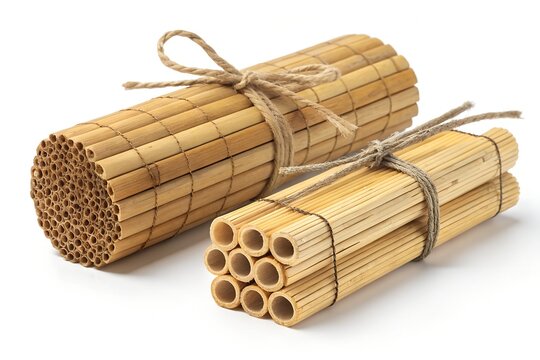 Bundles of natural dry straw tubes tied with string on a white background