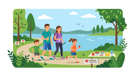 Naklejka premium Family Health Walk in Nature Park, World Heart Day Celebration