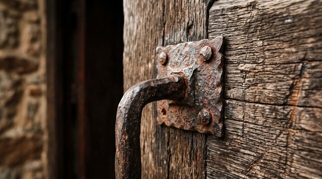 Rustic old iron door handle attached to weathered wooden door with vintage antique details