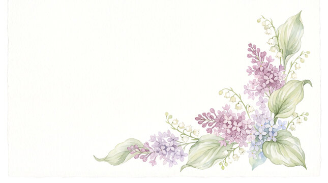 Watercolor purple lilac and lily of the valley corner arrangement