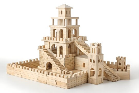 Complex medieval fortress model constructed from interlocking wooden building