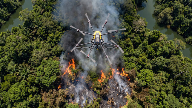 Aerial view of a surveillance drone monitoring a forest wildfire in a dense green jungle