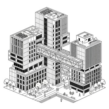 Modern isometric line art illustration of a corporate building complex with skywalks, rooftop gardens, and urban park