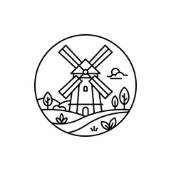 Obraz premium Minimalist line art illustration of a traditional windmill in a rural landscape with hills and trees under a sunny sky.