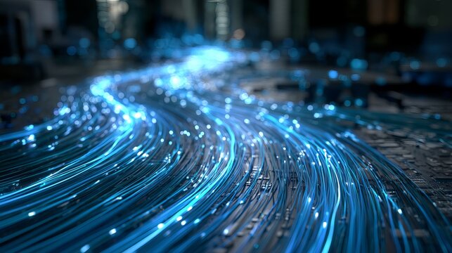 Glowing blue light streams flow across a dark urban street, symbolizing digital connectivity and futuristic technology, concept for internet speed