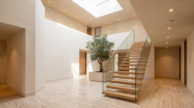 Spacious modern home interior with a wooden staircase and indoor tree under a glass skylight