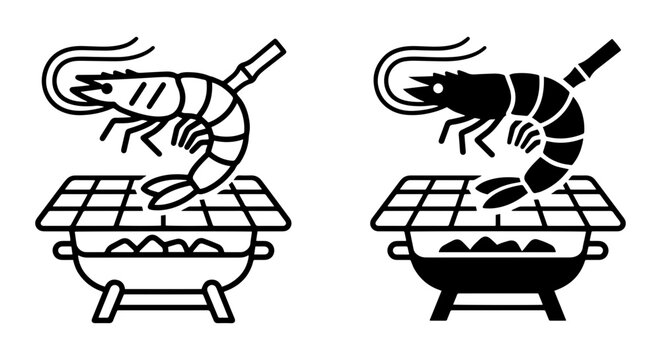 Shrimp Grilling Icons: Seafood BBQ Vector Graphics, Summer Cookout Food Illustrations