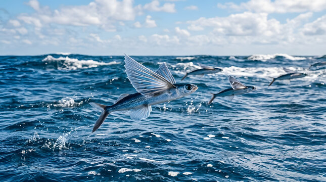 A group of flying fish gliding over the surface of the blue ocean waves.