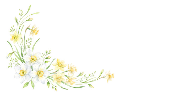 Watercolor corner arrangement with white and yellow daffodil