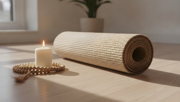 Rolled Yoga Mat Beside Prayer Beads and Candle