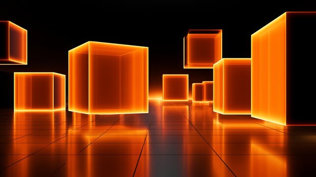 Glowing orange cubes arranged in a futuristic space, representing digital innovation and business growth, abstract concept for technology and modern design