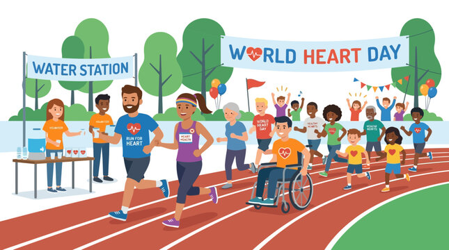 World Heart Day Fun Run: Diverse People Racing for Health on Track