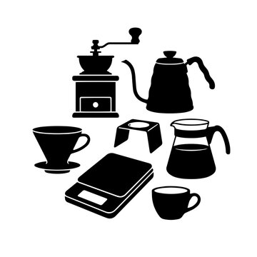 Set of black and white specialty coffee brewing equipment and accessories