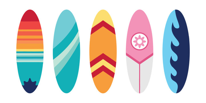 Set of colorful surfboard designs with various geometric patterns.