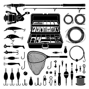 Fishing gear set with tackle box rod reel lures net and hooks silhouette