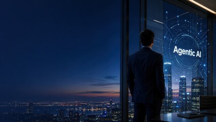 Fototapeta premium Agentic AI concept with businessman looking at futuristic city skyline
