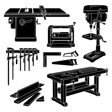 Woodworking workshop machinery and carpentry hand tools silhouette vector set