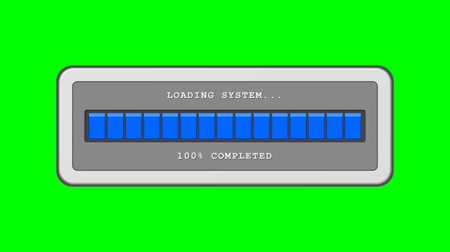 2D animation of a segmented "LOADING SYSTEM" progress bar with blue blocks and percentages on a green screen. Ideal for UI and digital app design