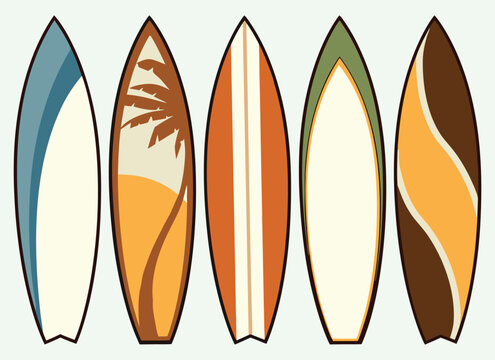 Vintage style surfboard collection with tropical and abstract art.