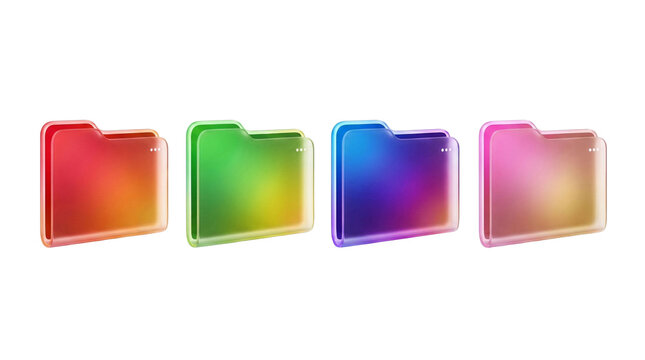 Set of Four Colorful Glowing Neon Edge Desktop Folder Icons with Frosted Glass Textures Featuring Three-Dot Menu Symbols in Red, Green, Blue, and Pink Gradients Isolated