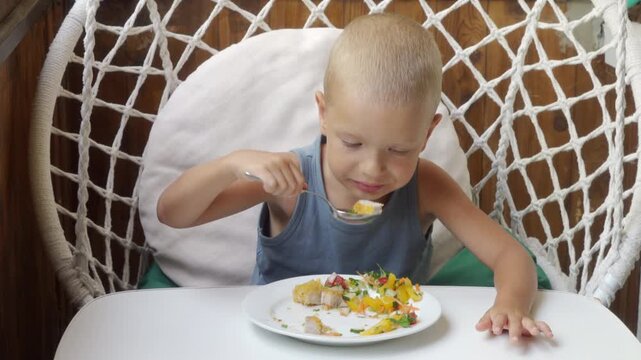 A hungry boy joyfully eats a healthy dinner of meat and salad while sitting in a cozy hanging chair on a sunny balcony. He looks content and satisfied with his delicious meal.