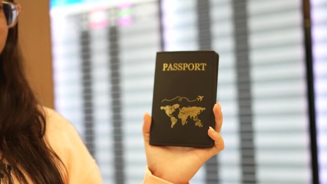 A close-up view shows a traveler holding a passport inside an airport terminal, with a blurred departures and arrivals board in the background.