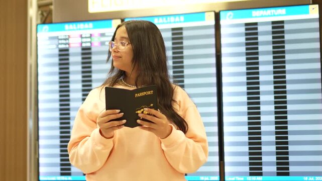 A young woman stands inside an airport terminal holding her passport while looking to the side in front of digital departures and arrivals boards.