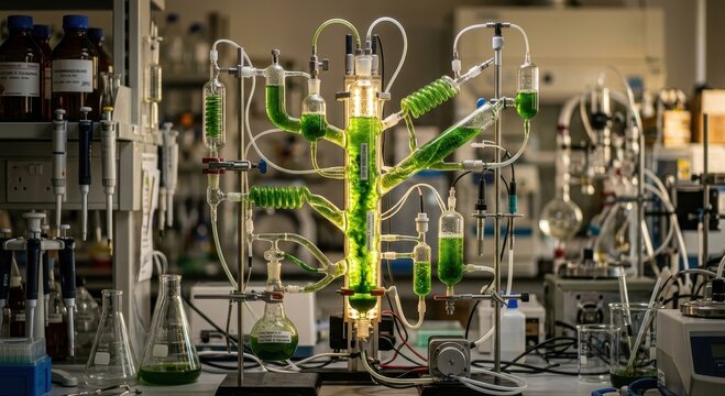Intricate laboratory bioreactor system with glowing green liquid and complex branching structures for scientific research