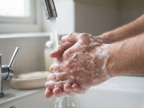 Person Washing Hands Under Running Water in Bathroom. Global Handwashing Day 
