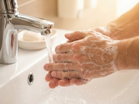 Person Washing Hands with Soap in a bathroom sink. World Handwashing Day, Global Hand Hygiene Day 