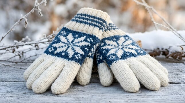 Pair of knitted winter mittens with snowflake pattern on a frosty wooden surface