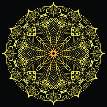 mandala round ornament , Luxury Golden Mandala Vector Art Design with Intricate Sacred Geometry Patterns on Black Background