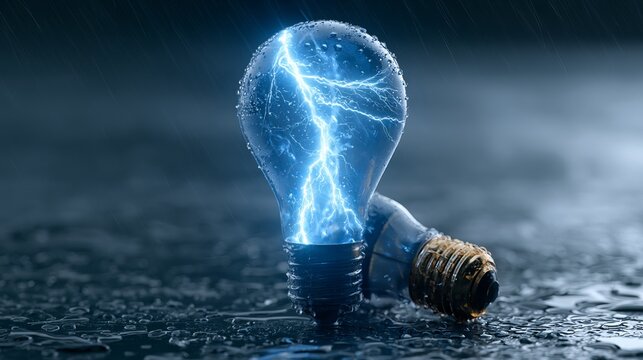 Glowing electric lightbulb radiates bright blue energy, powerfully illuminating a dark, wet surface, representing innovation and technological advancement concept