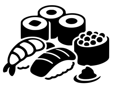 Black silhouette of assorted sushi pieces including maki, nigiri, gunkan, and wasabi, bold vector design symbolizing Japanese cuisine, tradition, and dining culture.